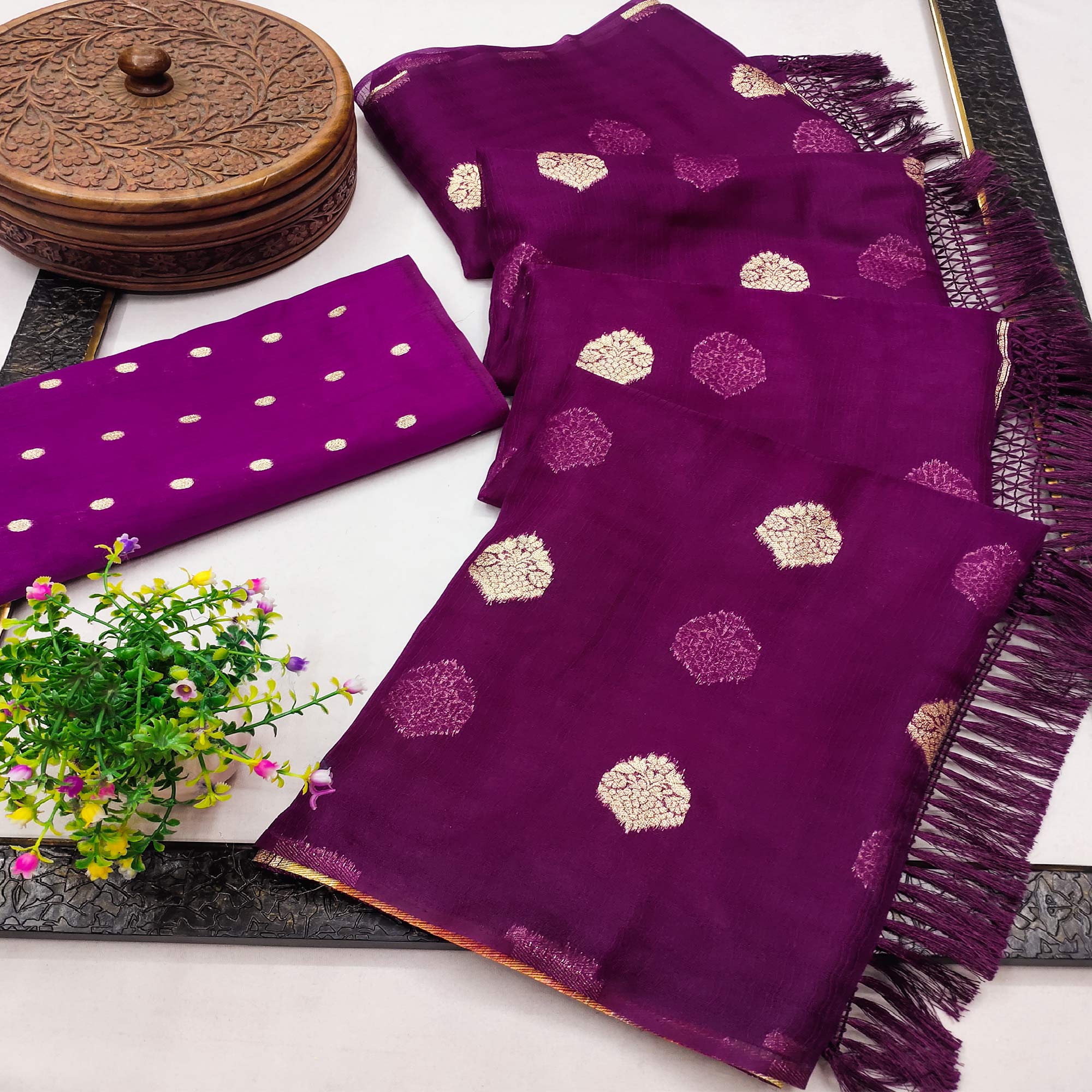Purple Floral Woven Organza Saree With Tassels