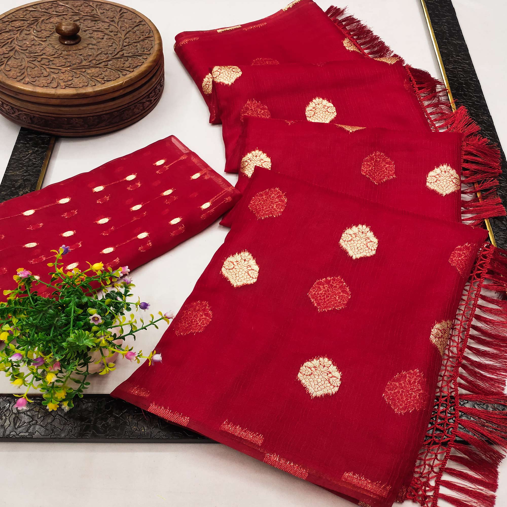 Red Floral Woven Organza Saree With Tassels