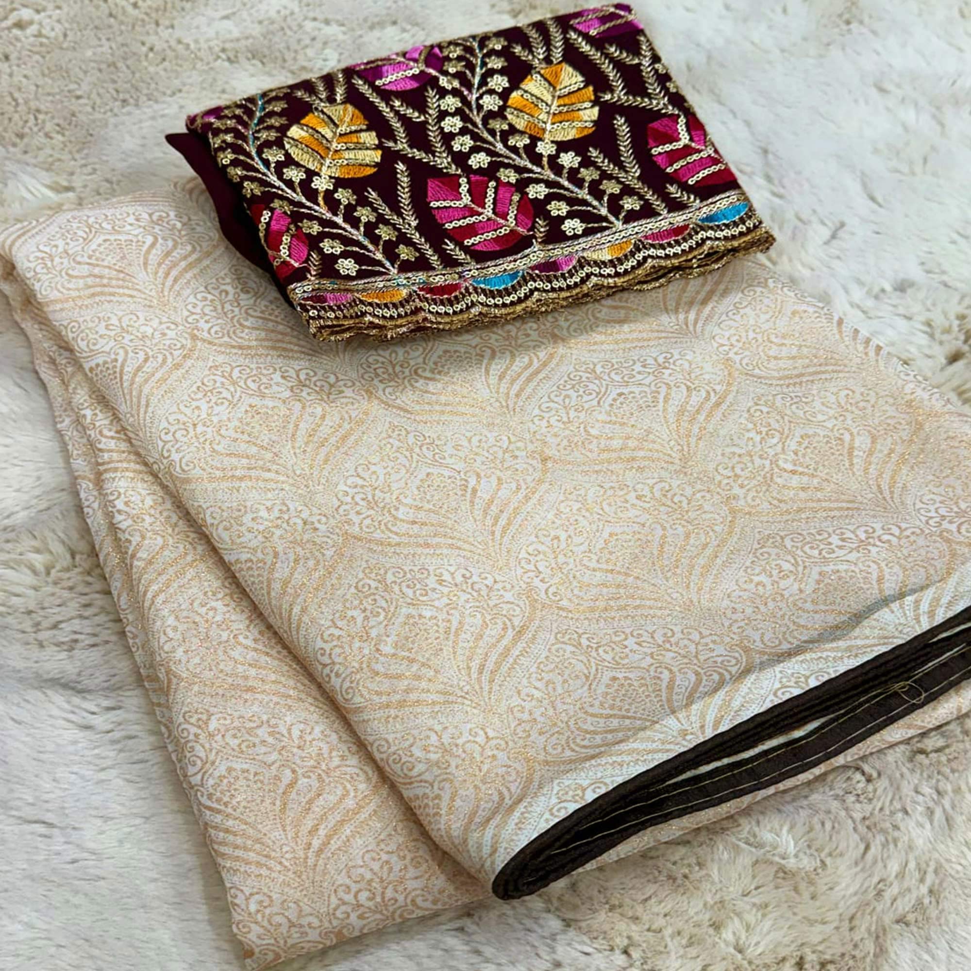 Cream Floral Printed Georgette Saree