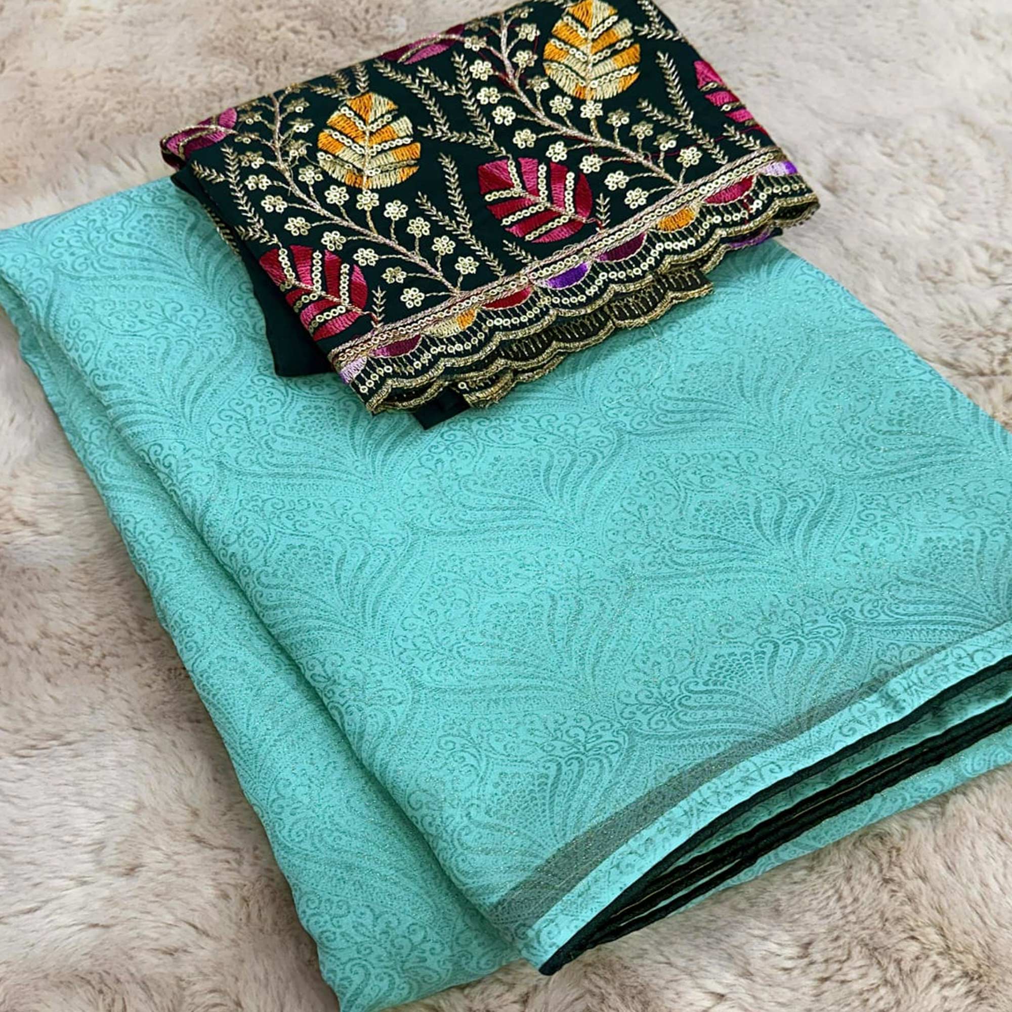 Turquoise Floral Printed Georgette Saree