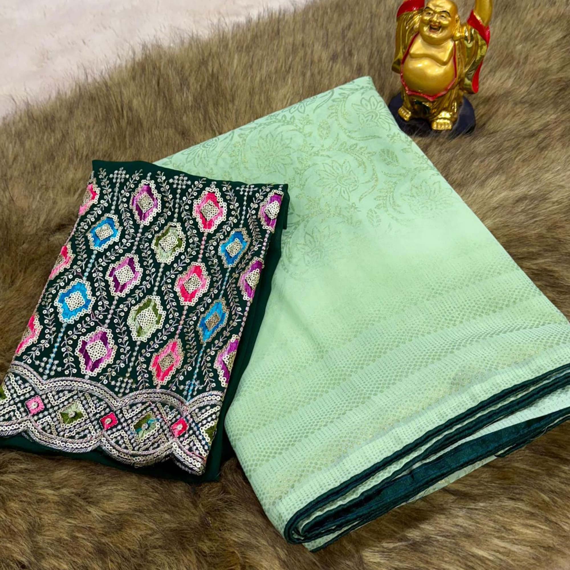 Green Floral Printed Georgette Saree