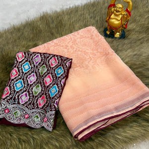 Light Peach Floral Printed Georgette Saree