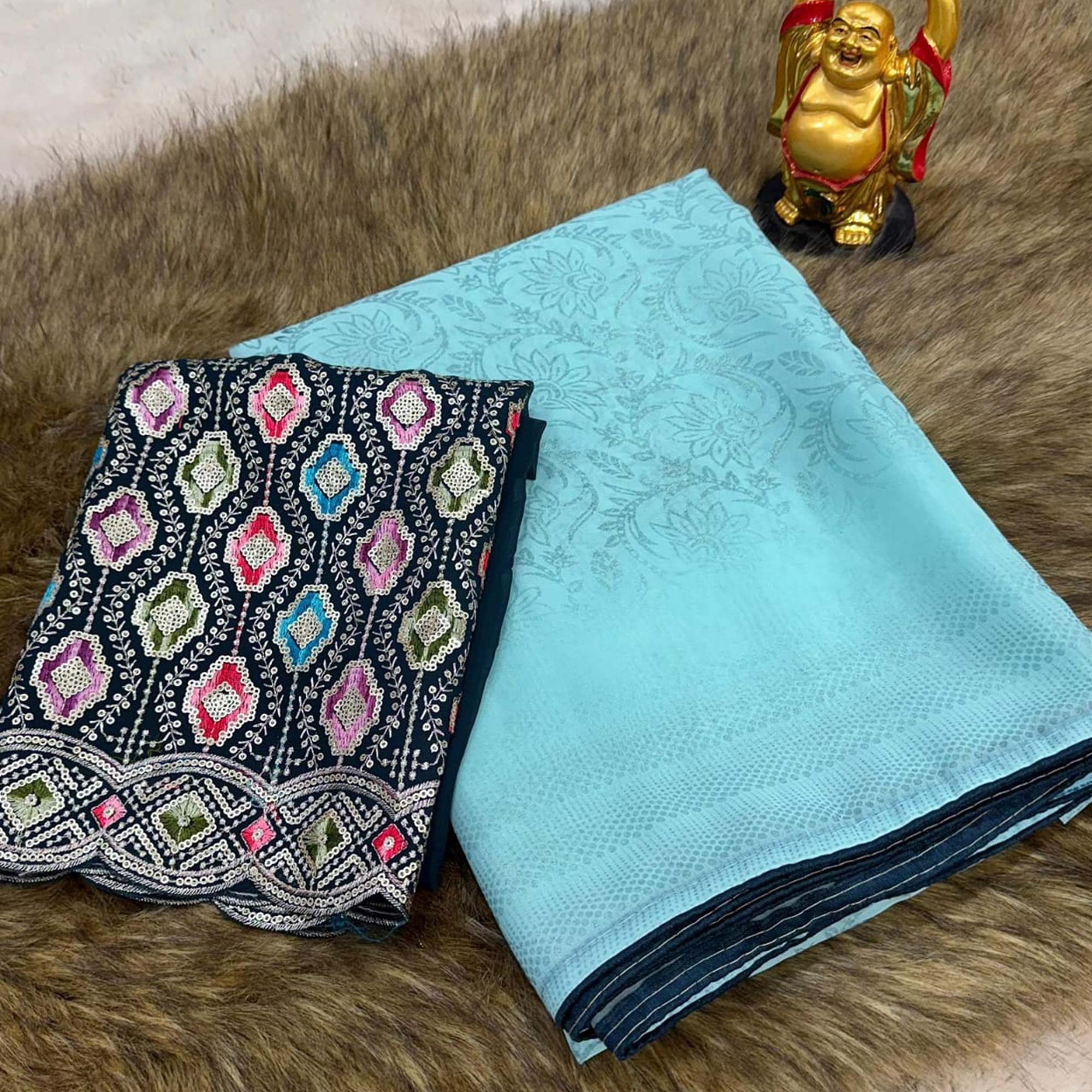 Turquoise Floral Printed Georgette Saree