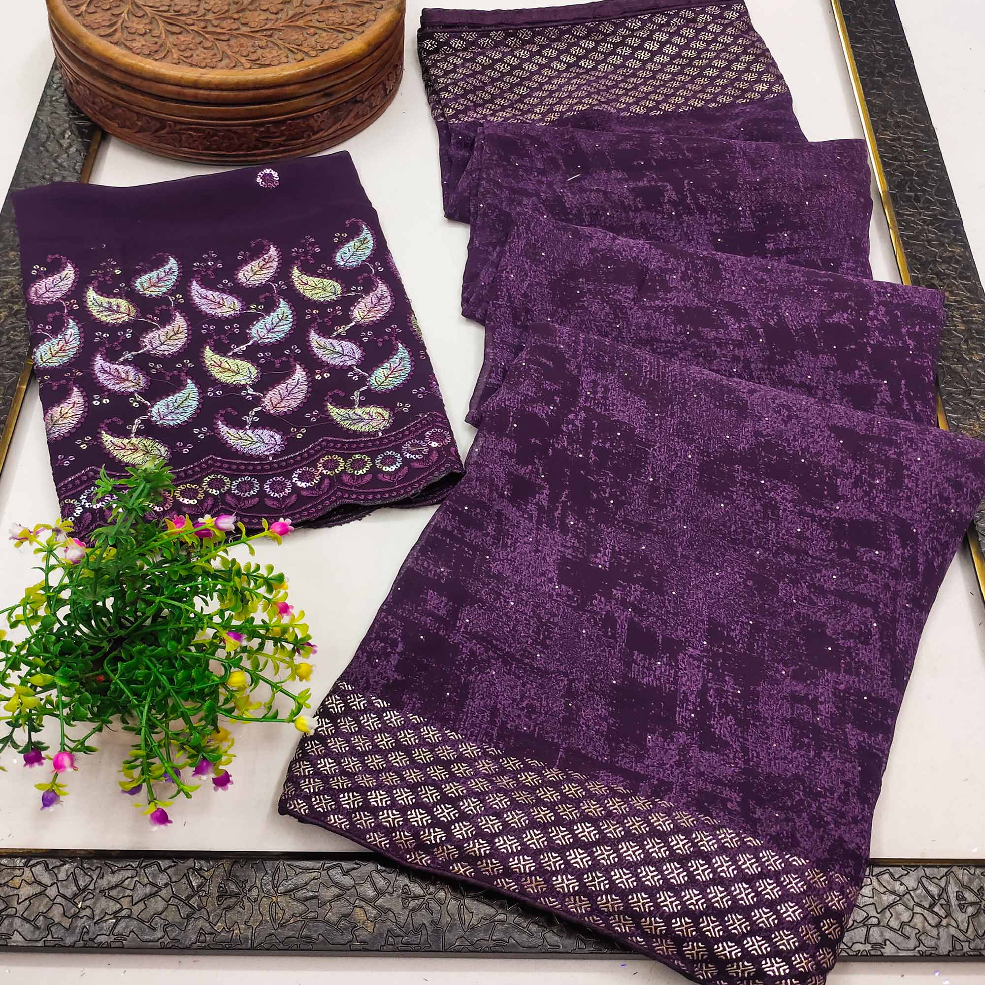 Wine Abstract Printed Georgette Saree