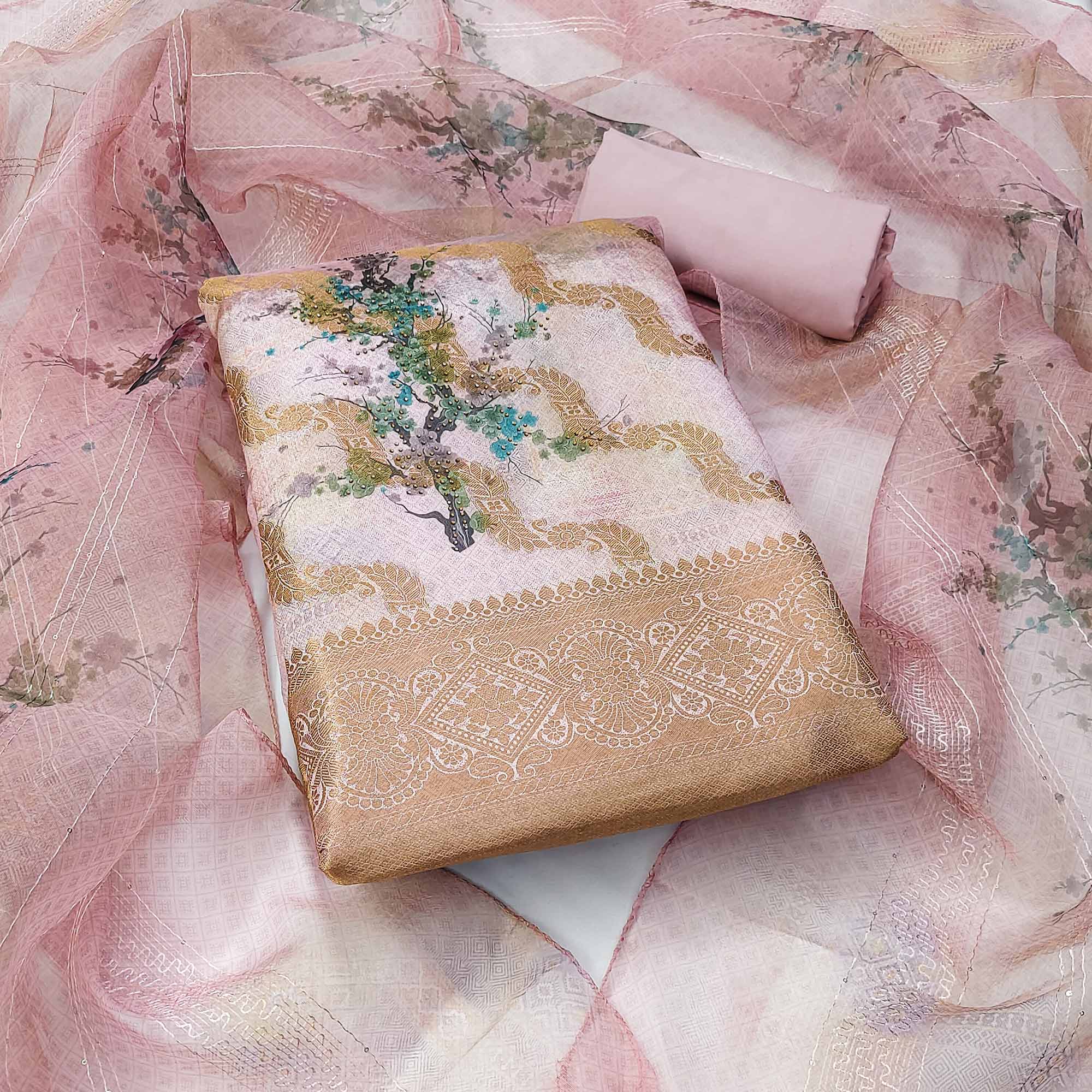Rose Pink Woven With Digital Printed Organza Dress Material