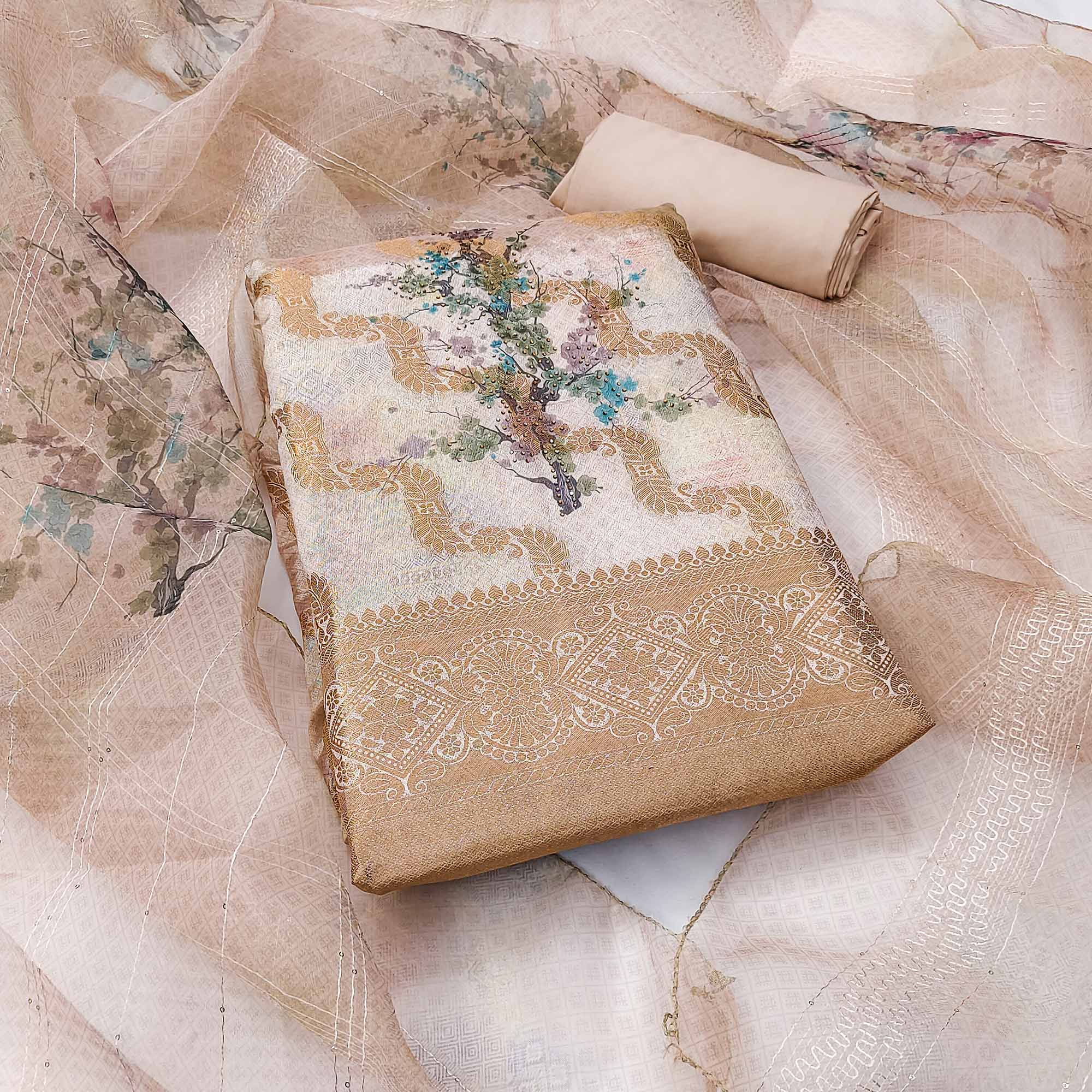 Soft Peach Woven With Digital Printed Organza Dress Material