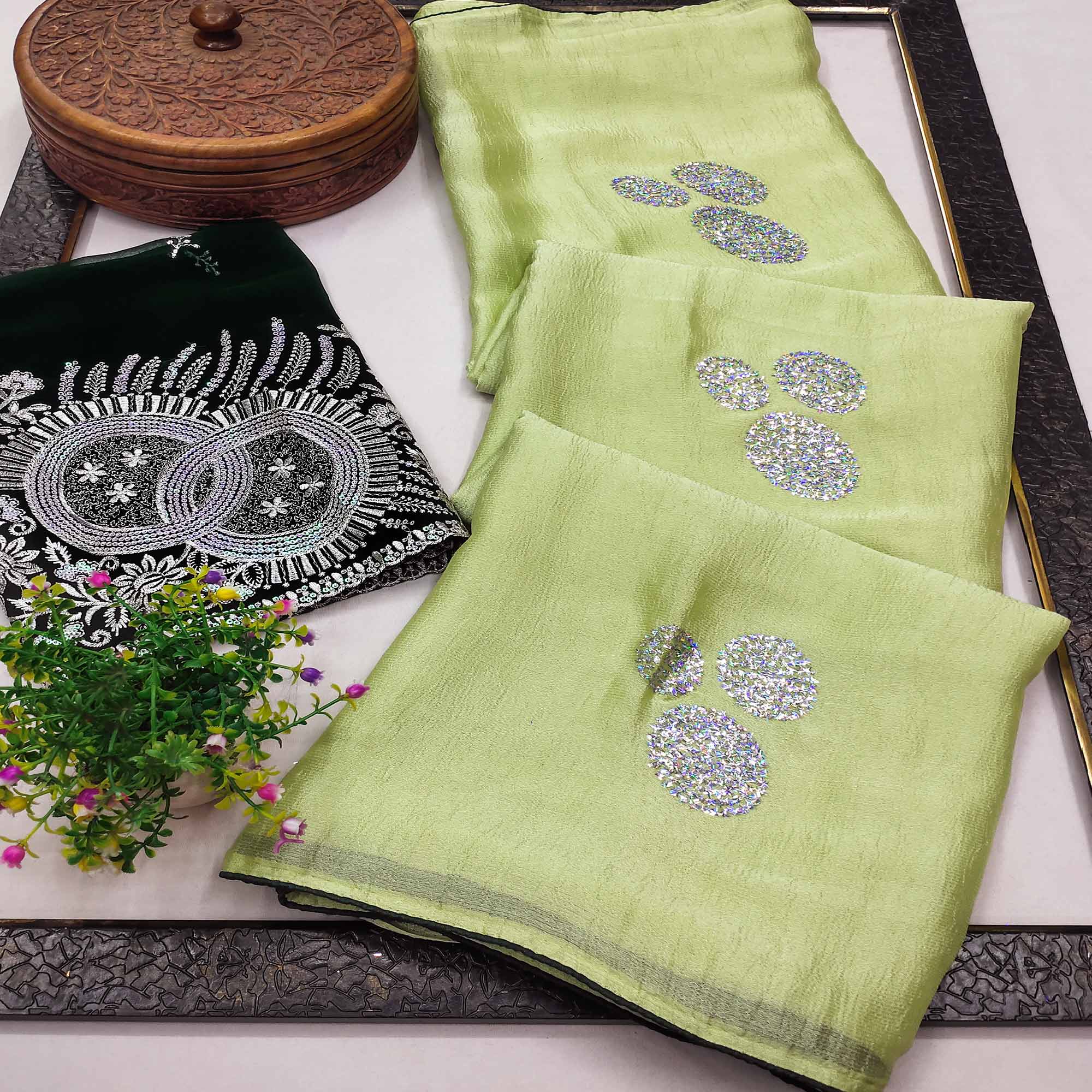 Green Mirror Work Embroidered Chiffon Saree