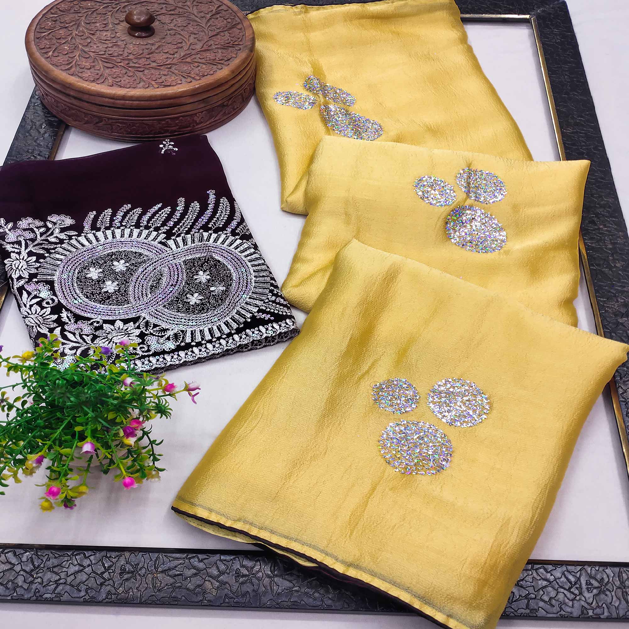Yellow Mirror Work Embroidered Chiffon Saree