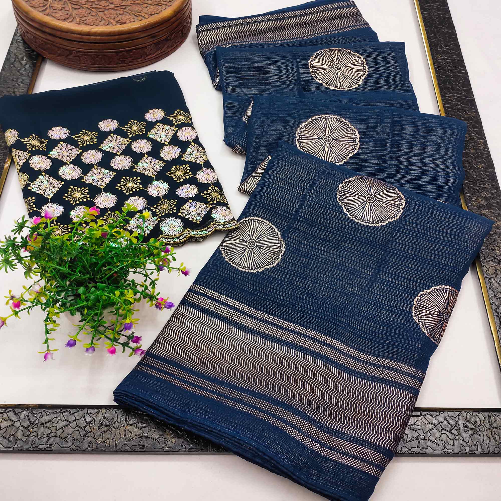 Teal Foil Printed Georgette Saree