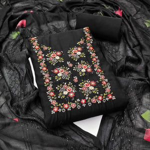 Black Floral Embroidered Viscose Dress Material