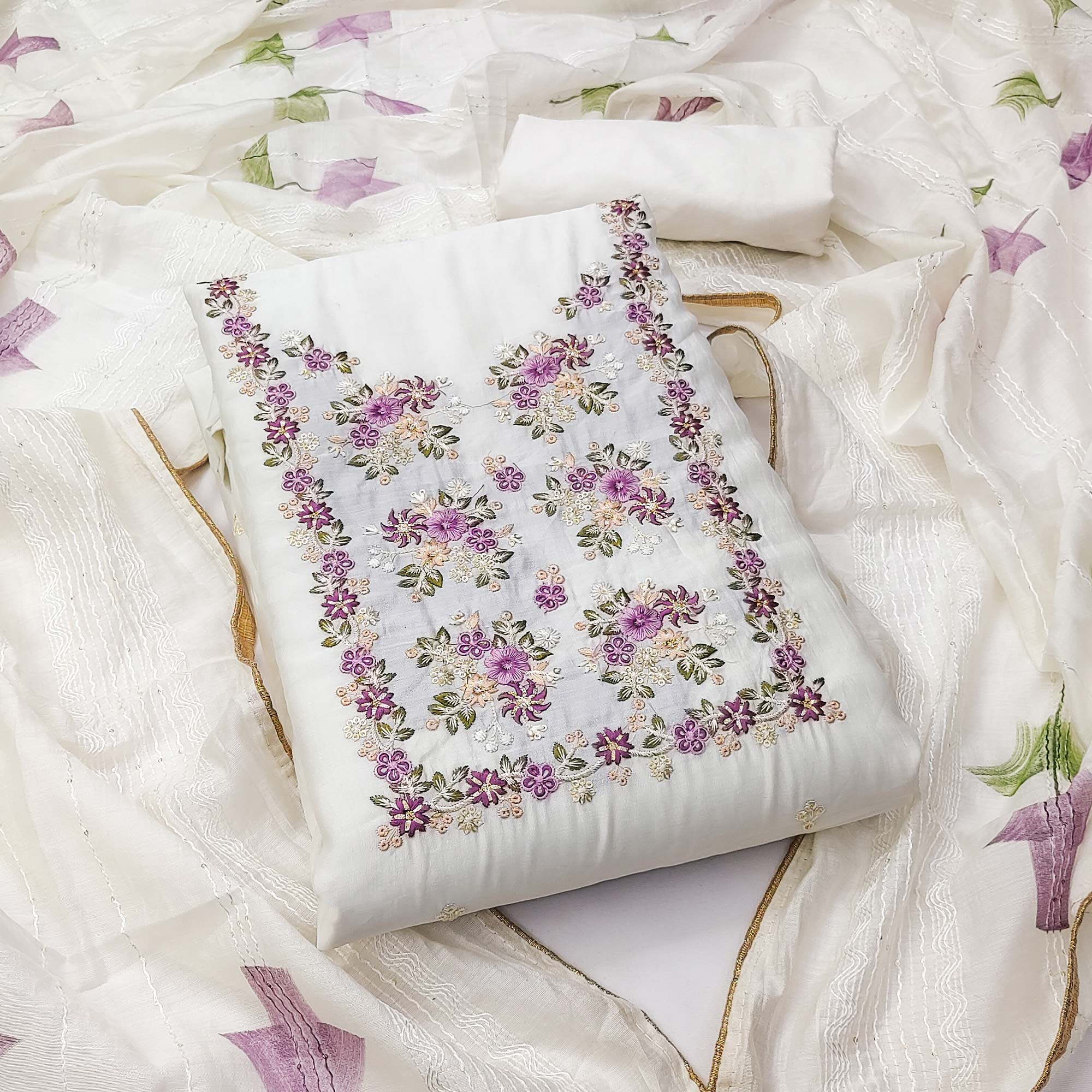 White Floral Embroidered Viscose Dress Material