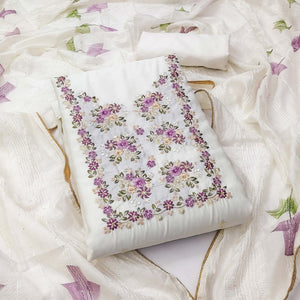 White Floral Embroidered Viscose Dress Material
