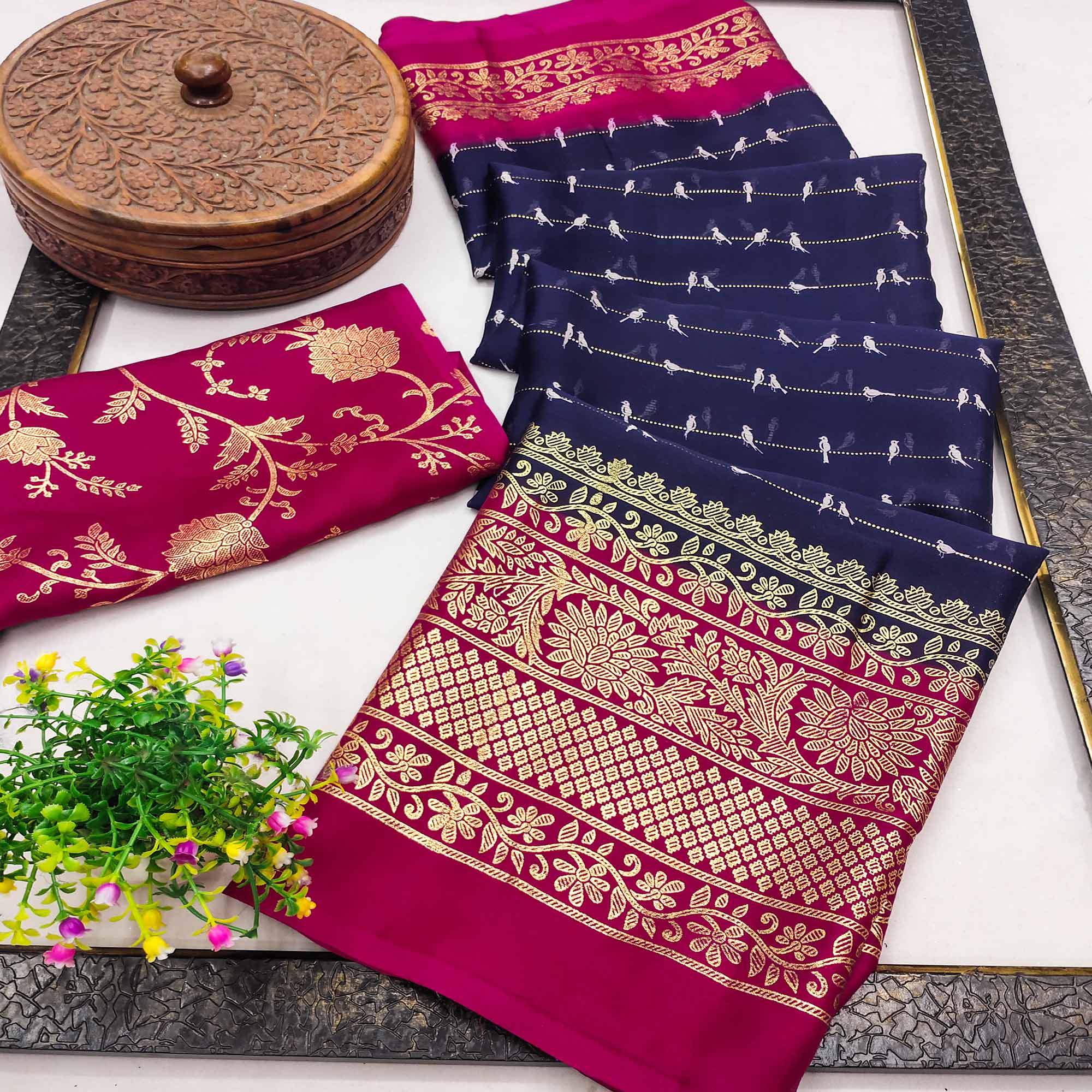 Navy Blue Floral Printed Georgette Saree