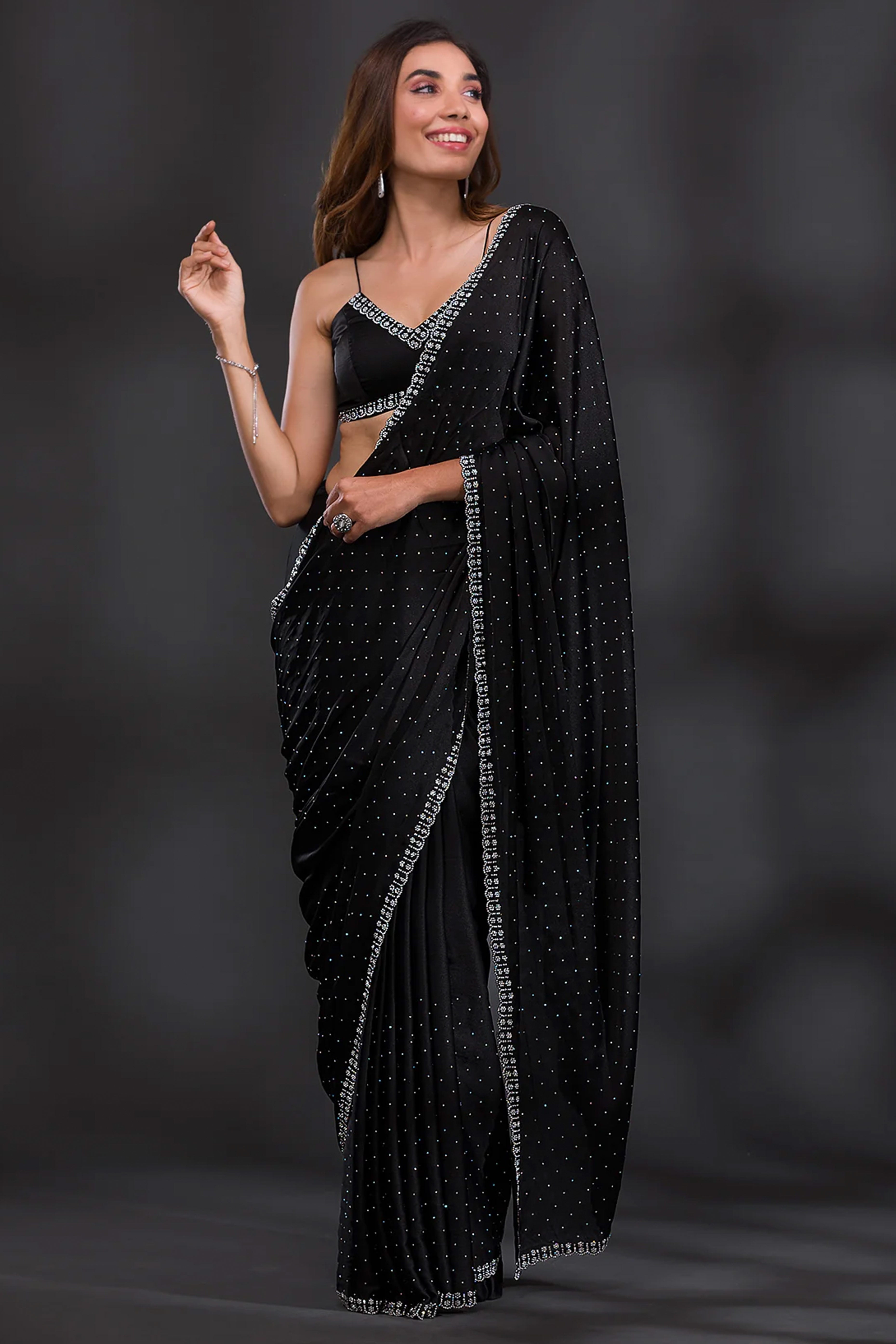 Black Swarovski Work Embroidered Chiffon Saree