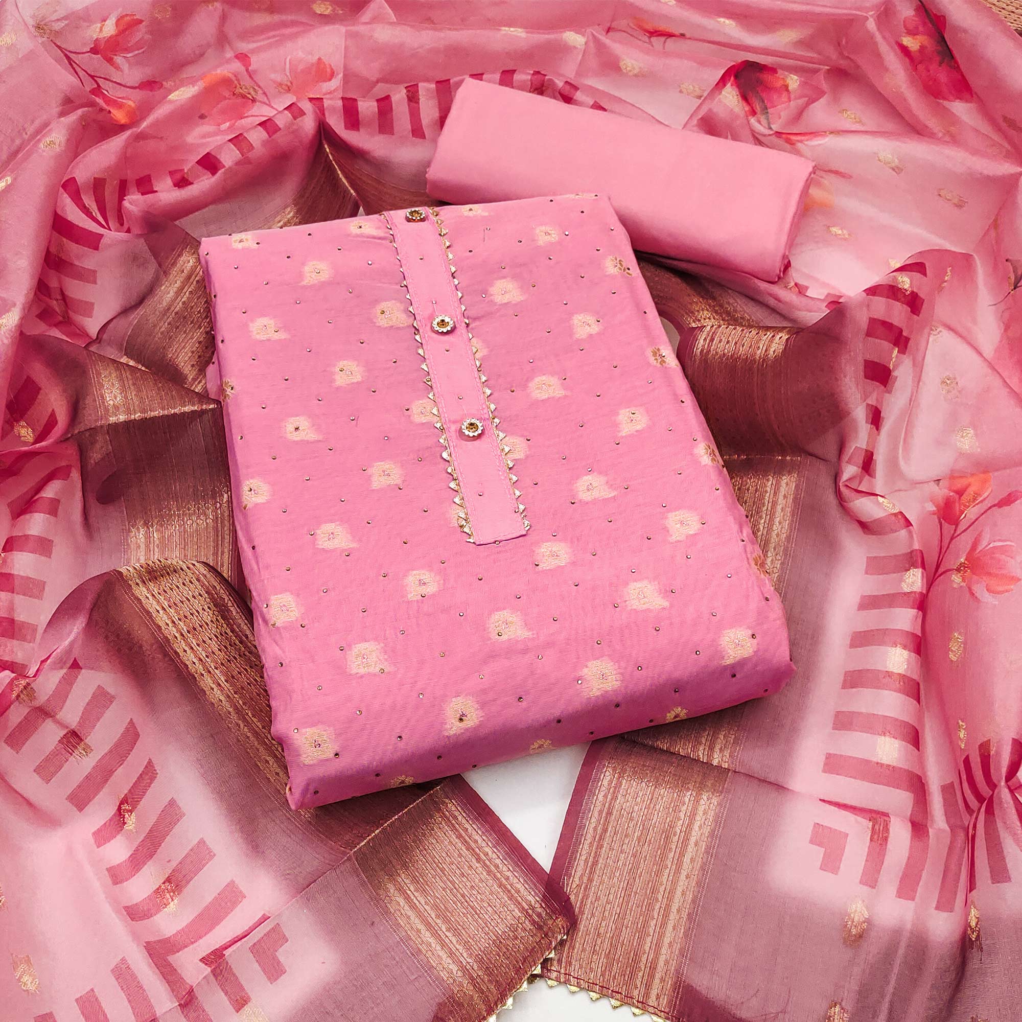 Gajari Pink Woven With Swarovski Work Banarasi Silk Dress Material