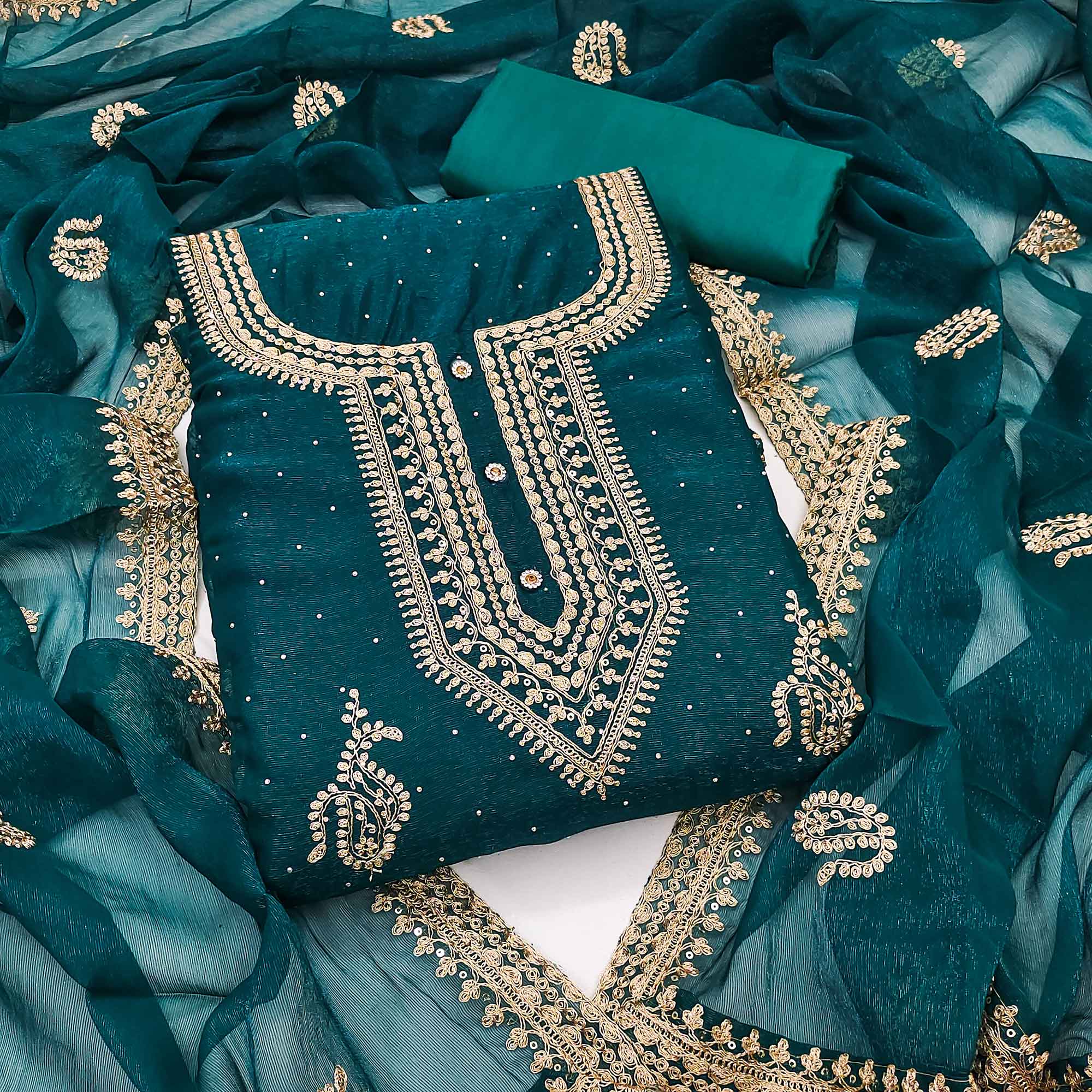 Teal Floral Embroidery With Swarovski Work  Georgette Dress Material