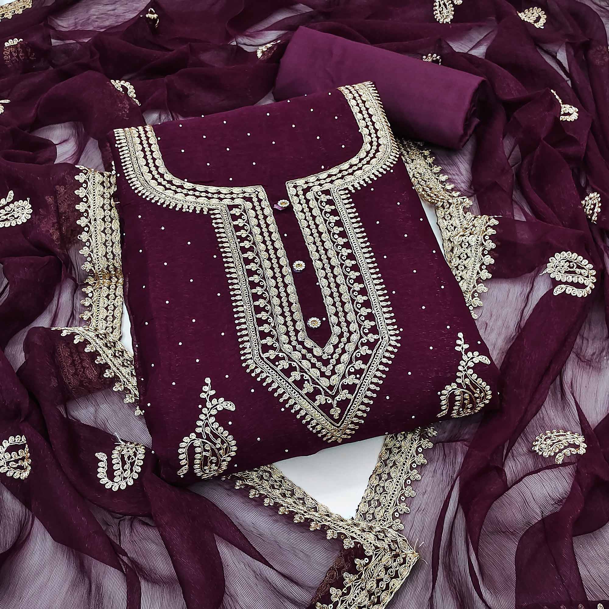 Wine Floral Embroidery With Swarovski Work Georgette Dress Material