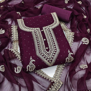 Wine Floral Embroidery With Swarovski Work Georgette Dress Material