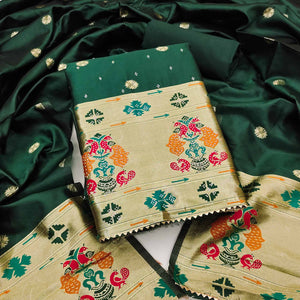 Green Floral Woven With Swarovski Work Banarasi Silk Dress Material