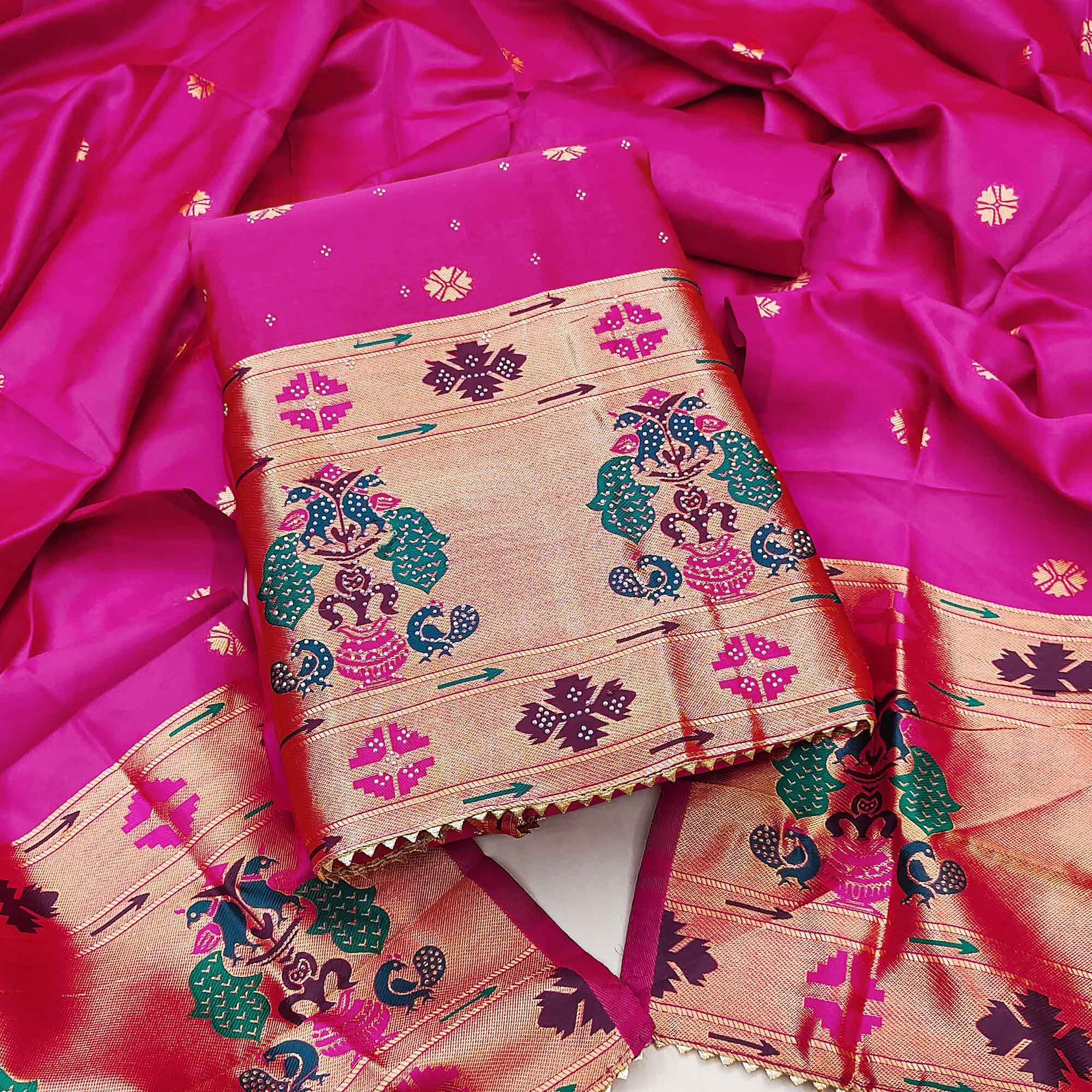 Pink Floral Woven With Swarovski Work Banarasi Silk Dress Material