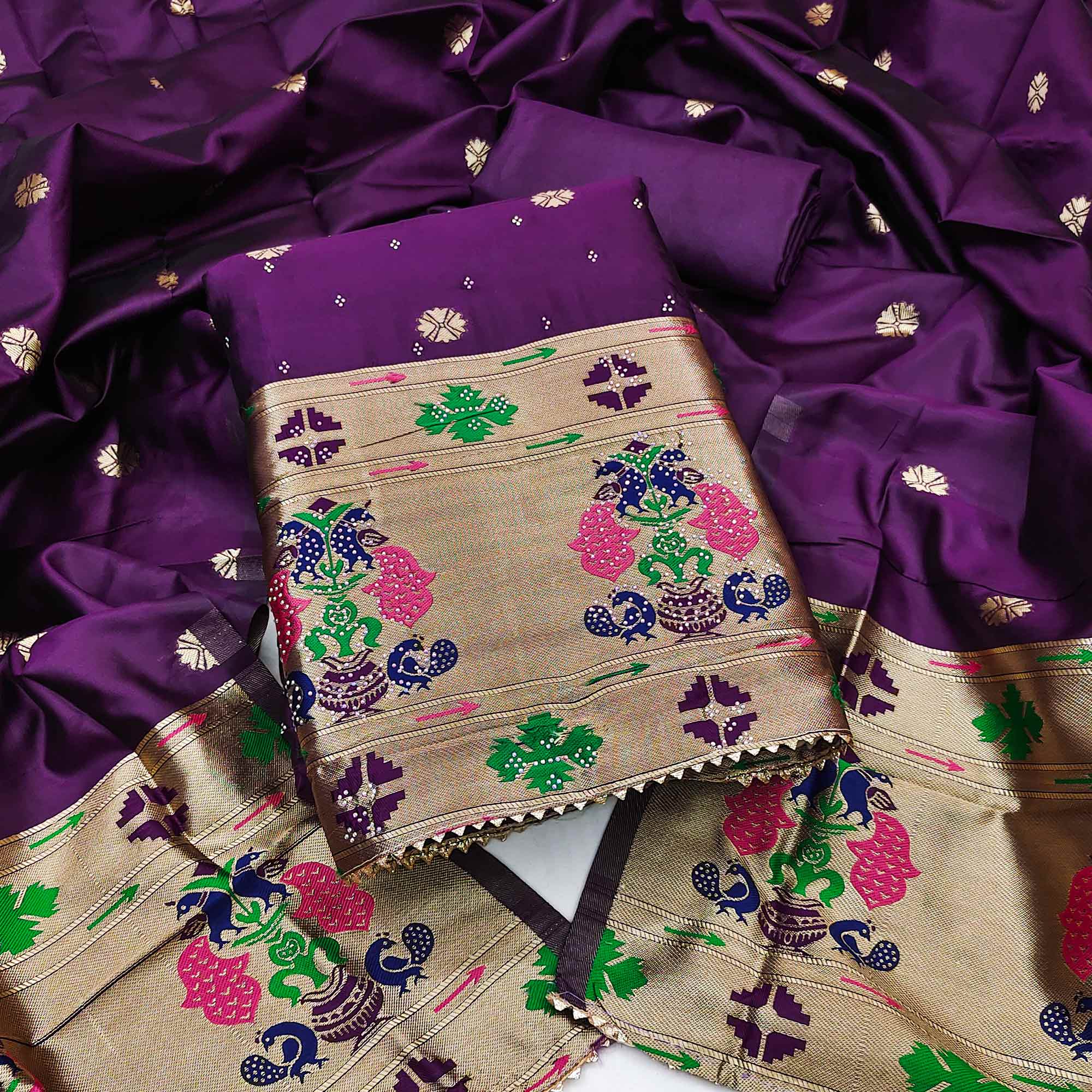 Purple Floral Woven With Swarovski Work Banarasi Silk Dress Material