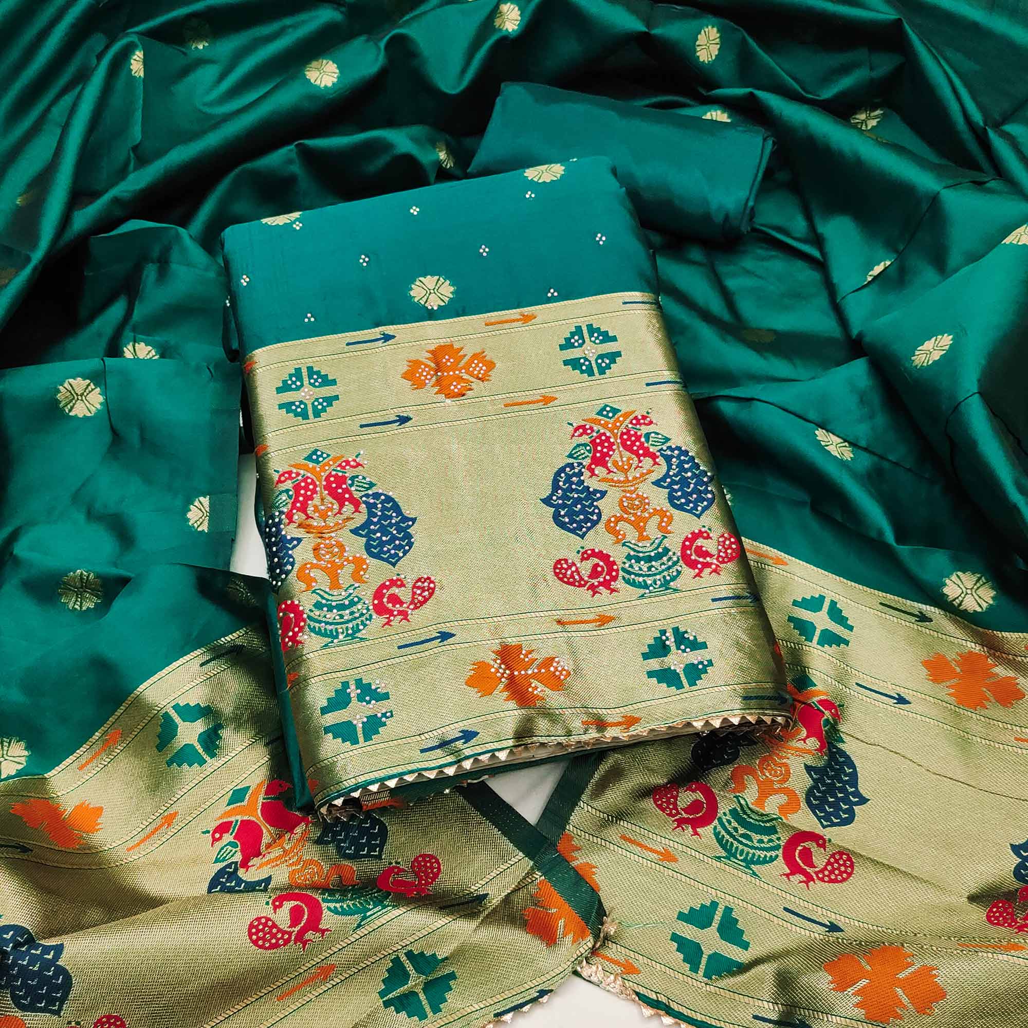 Rama Green Floral Woven With Swarovski Work Banarasi Silk Dress Material