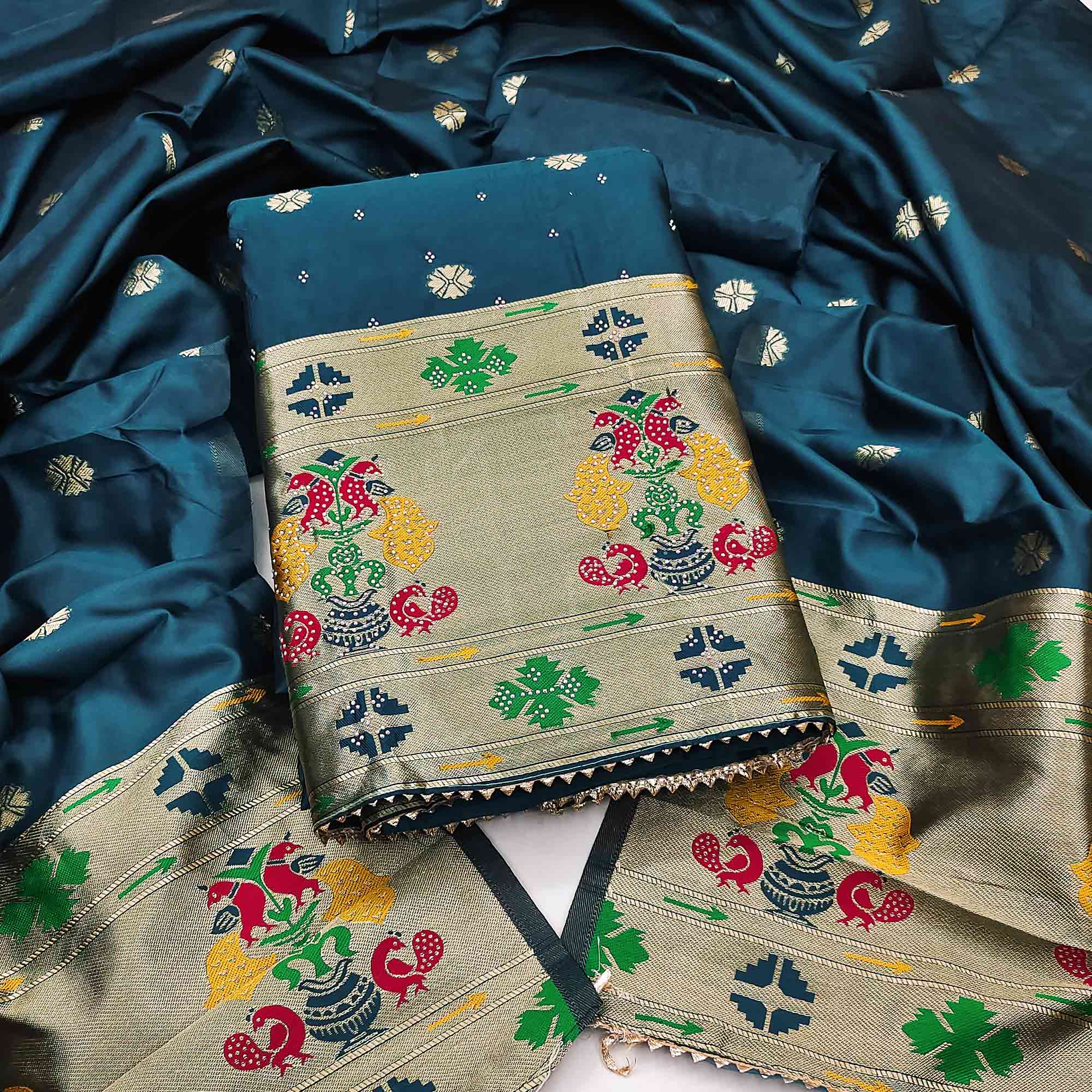 Teal Floral Woven With Swarovski Work Banarasi Silk Dress Material