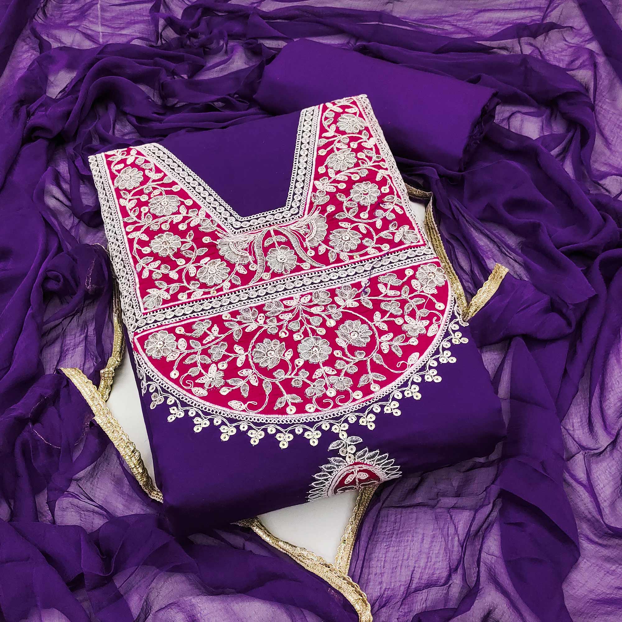 Violet Floral Sequins Embroidered Viscose Dress Material