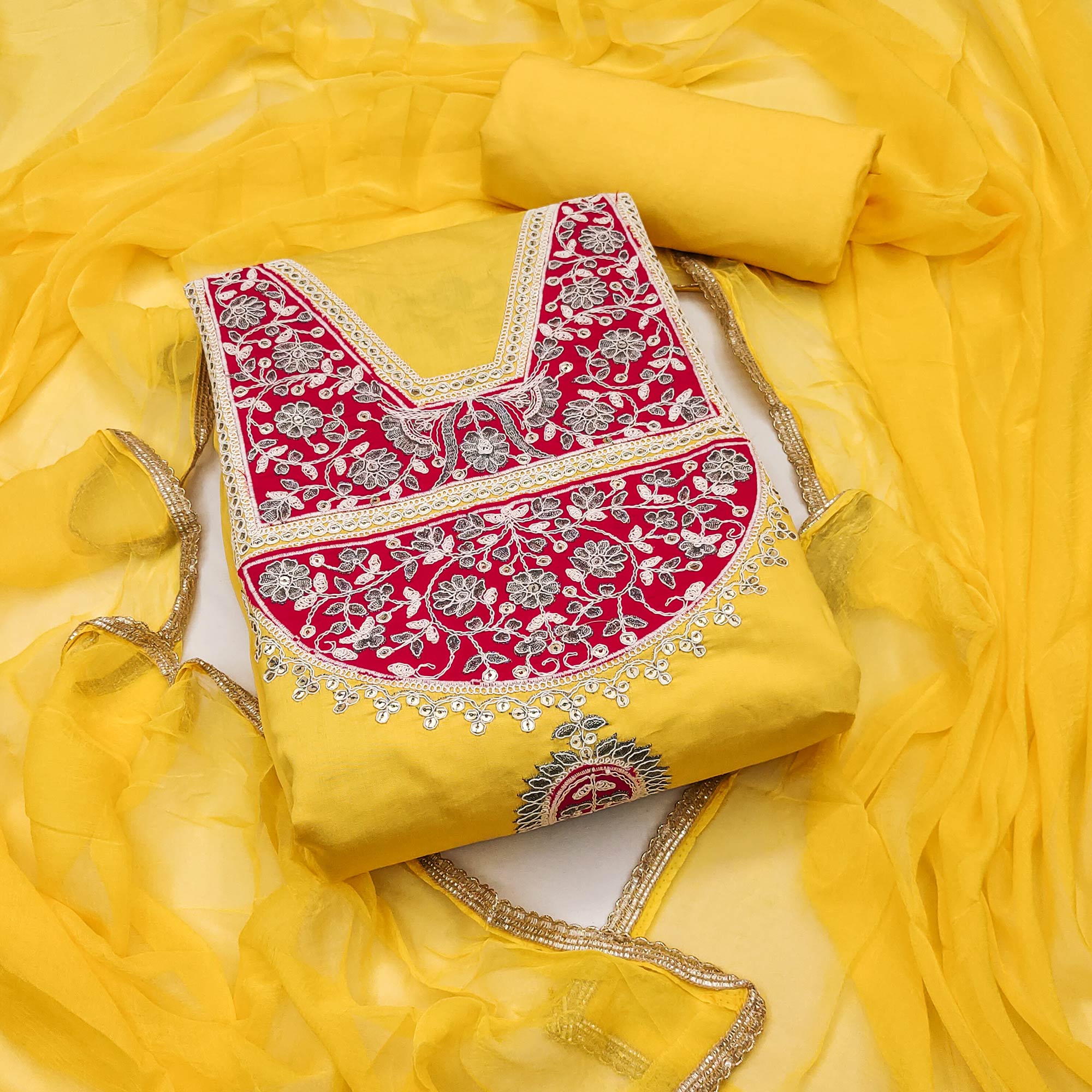 Yellow Floral Sequins Embroidered Viscose Dress Material