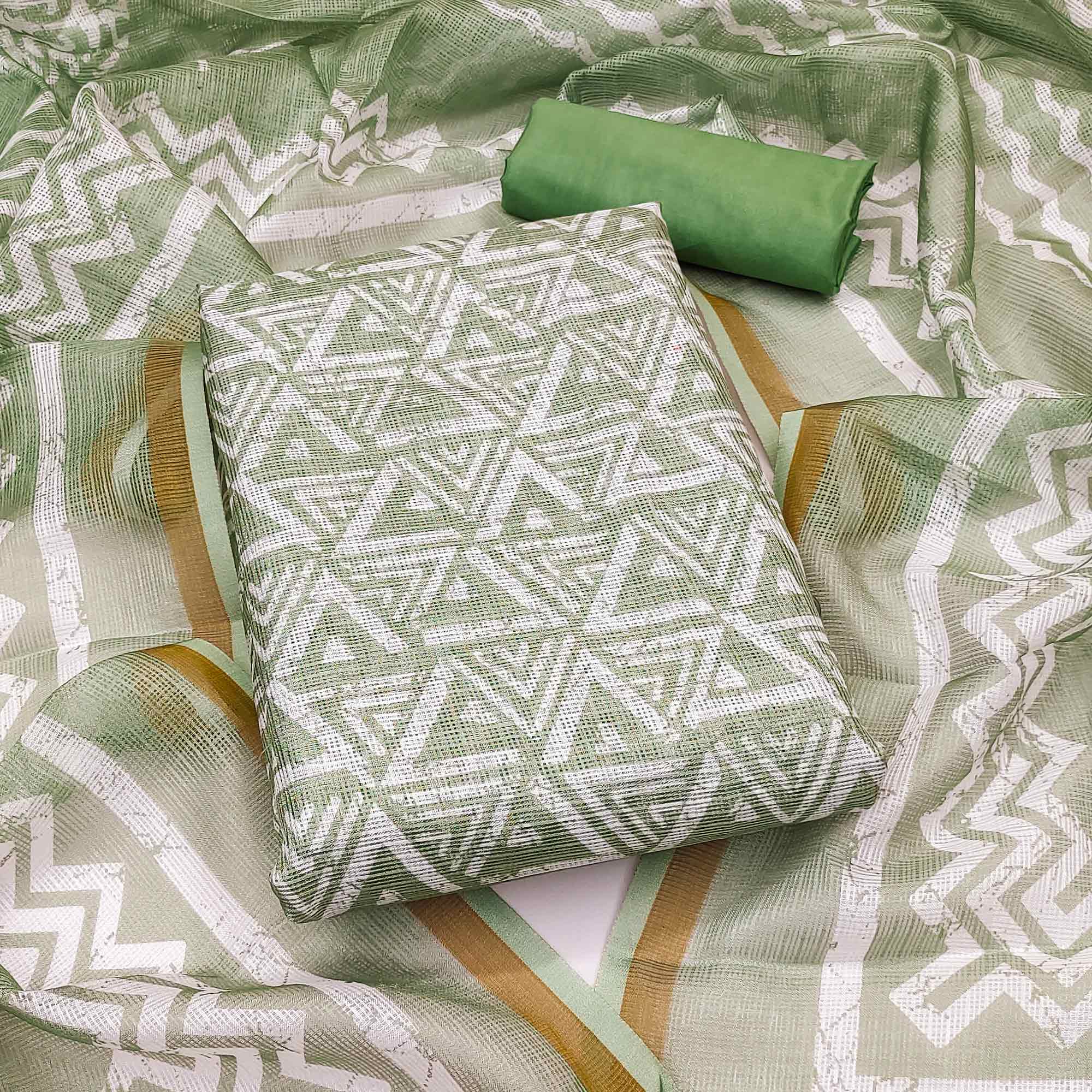 Green Geometric Printed Kota Doria Dress Material