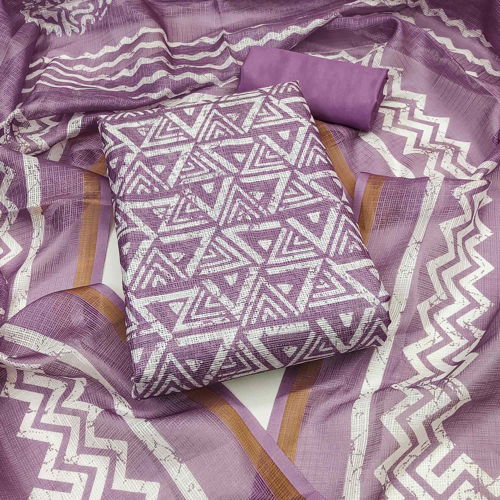 Lavender Geometric Printed Kota Doria Dress Material