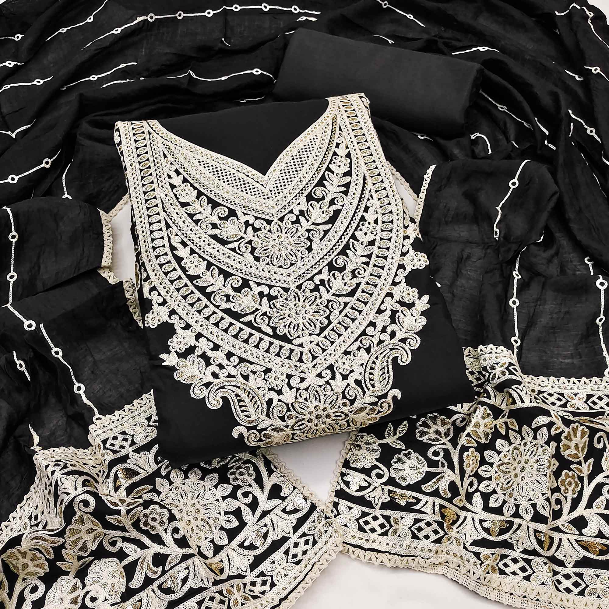 Black Floral Embroidered Georgette Dress Material