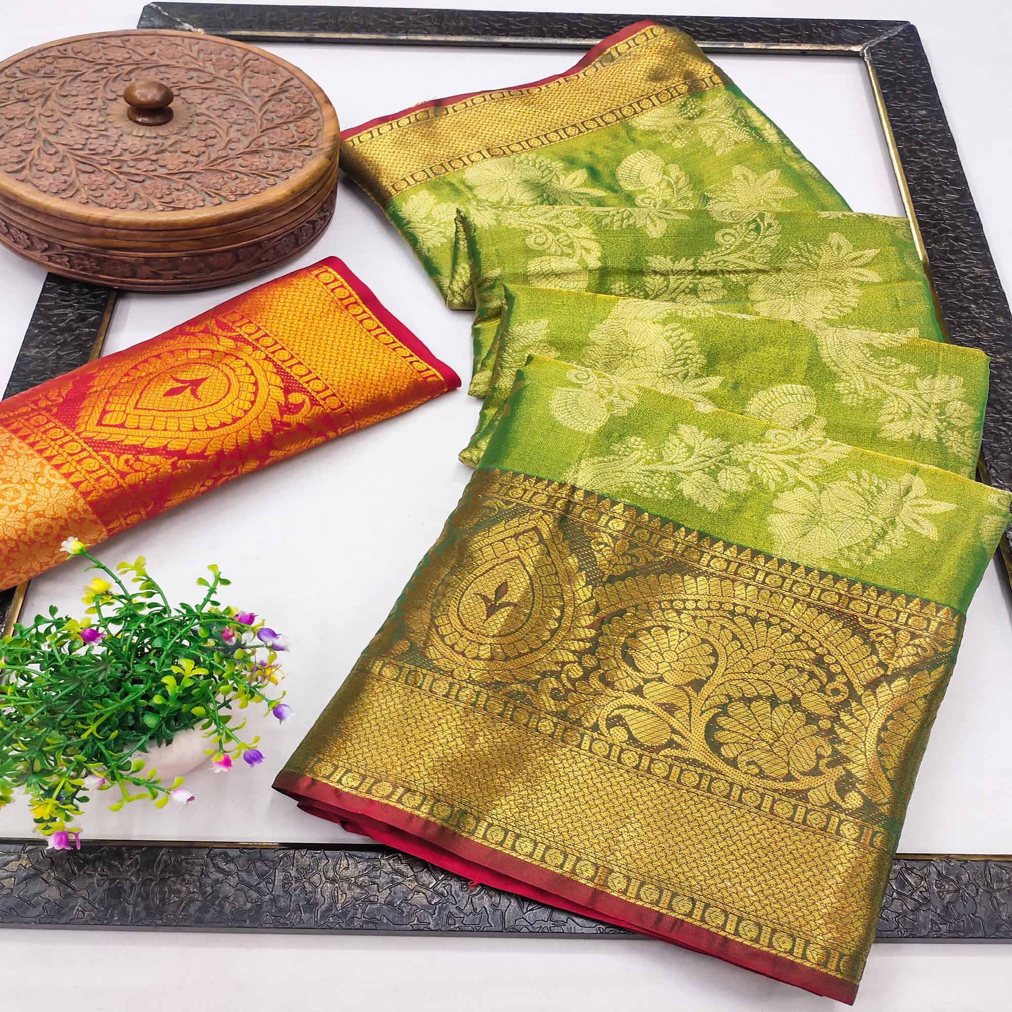 Green Floral Woven Banarasi Silk Saree
