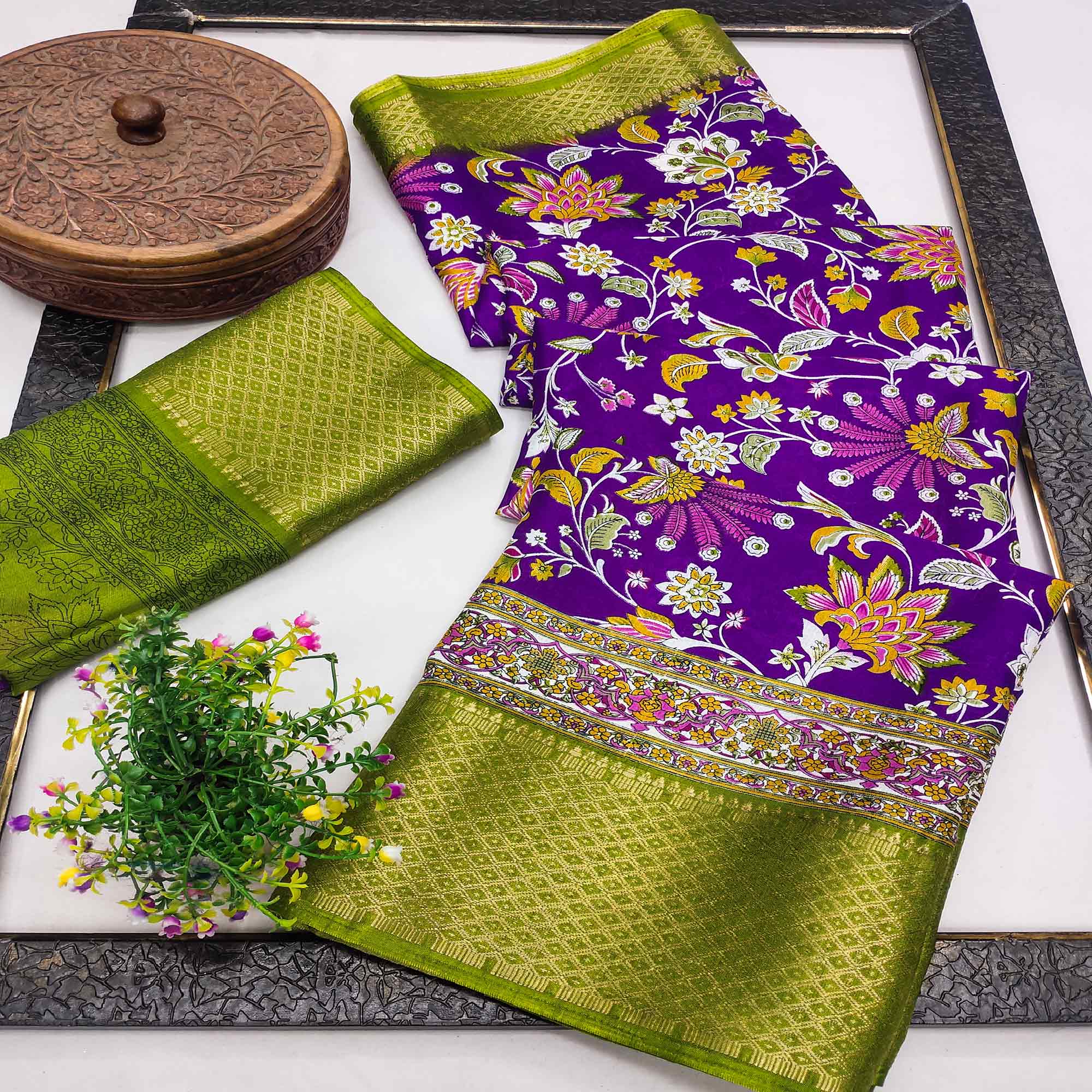 Purple Floral Printed Art Silk Saree With Woven Border