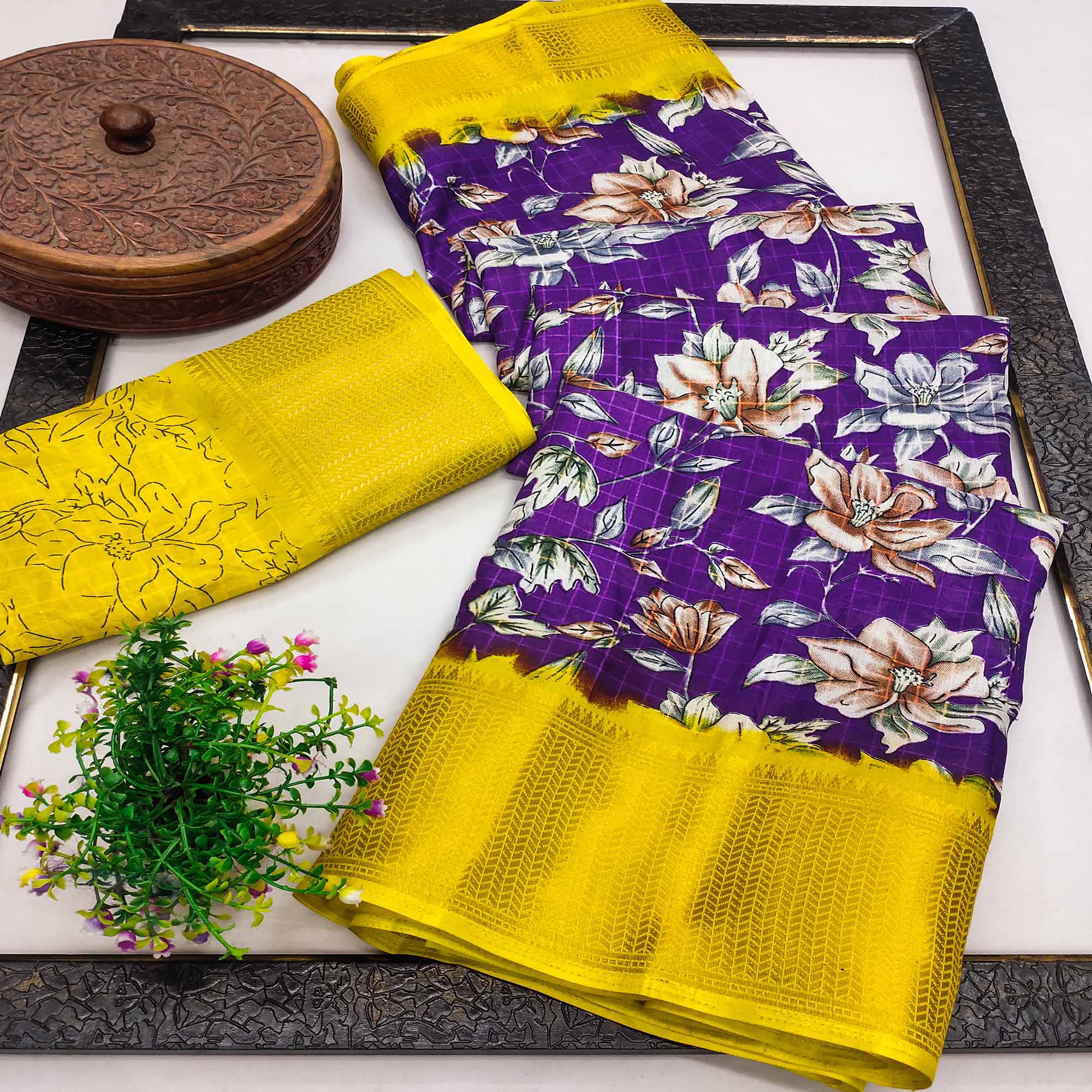 Purple Floral Printed Art Silk Saree With Woven Border
