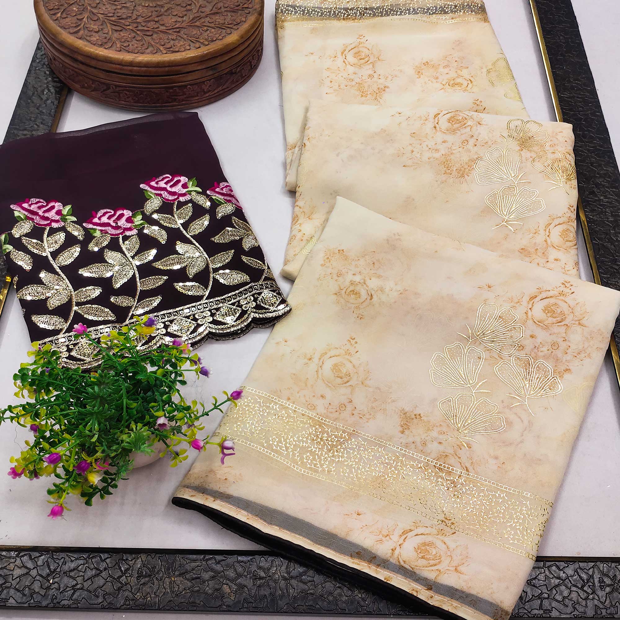 Beige Floral Printed Georgette Saree