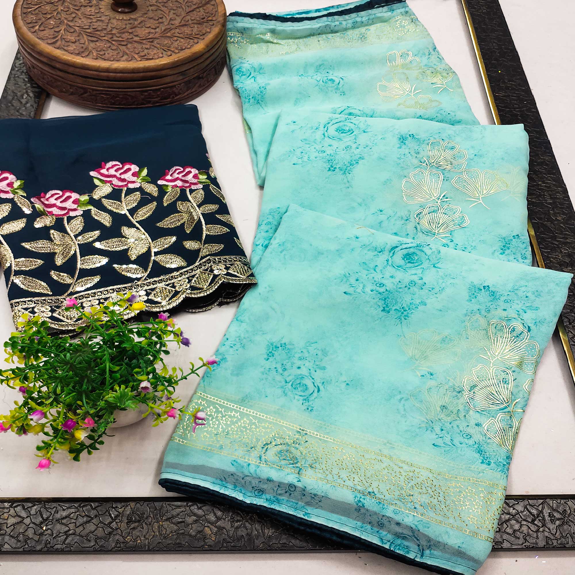 Blue Floral Printed Georgette Saree