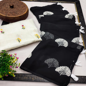 Black Thread Embroidered Georgette Saree With Tassels