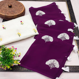 Dark Purple Thread Embroidered Georgette Saree With Tassels