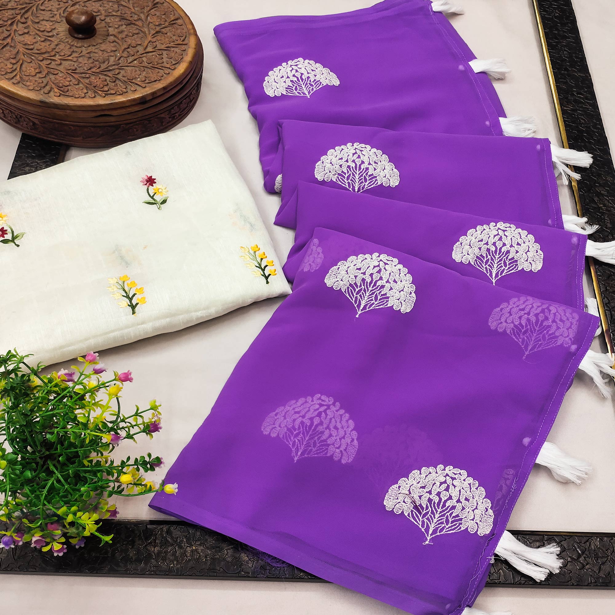 Purple Thread Embroidered Georgette Saree With Tassels