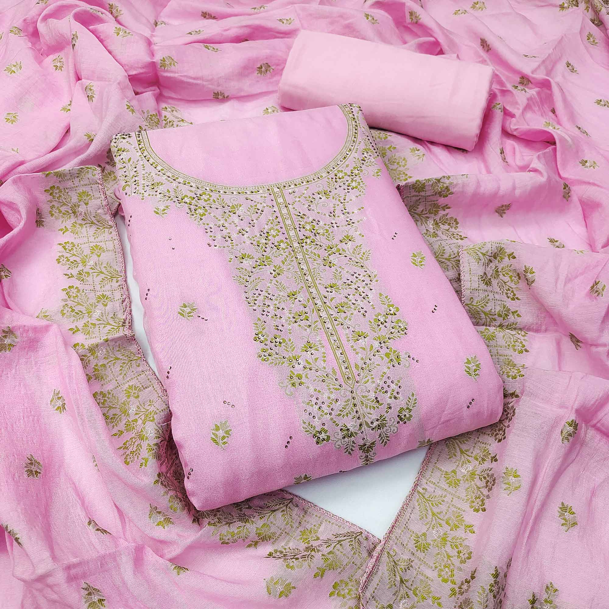 Pink Floral Banarasi Silk Dress Material with Rich Zari Weaving