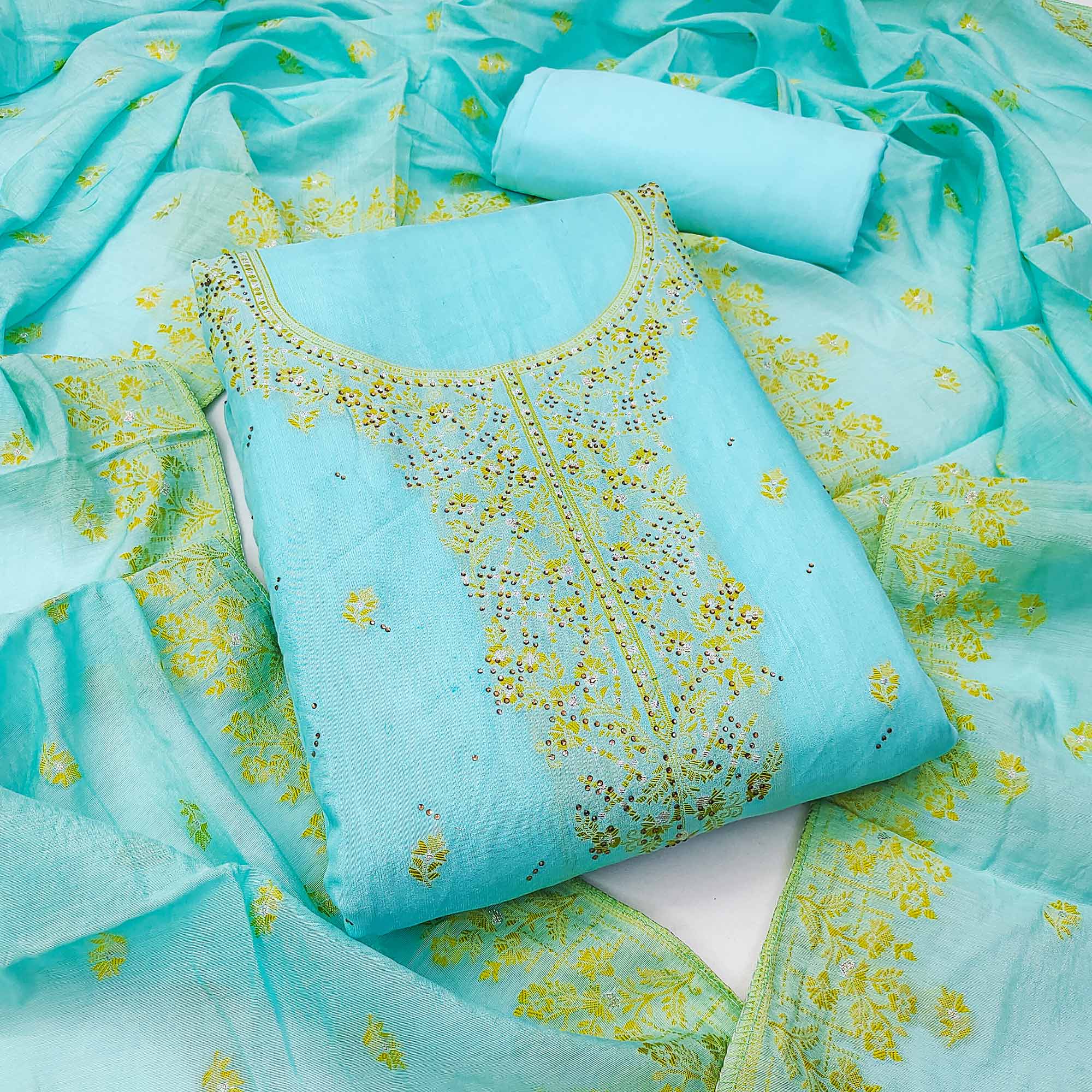 Sky Blue Floral Banarasi Silk Dress Material with Rich Zari Weaving
