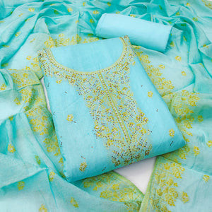 Sky Blue Floral Banarasi Silk Dress Material with Rich Zari Weaving