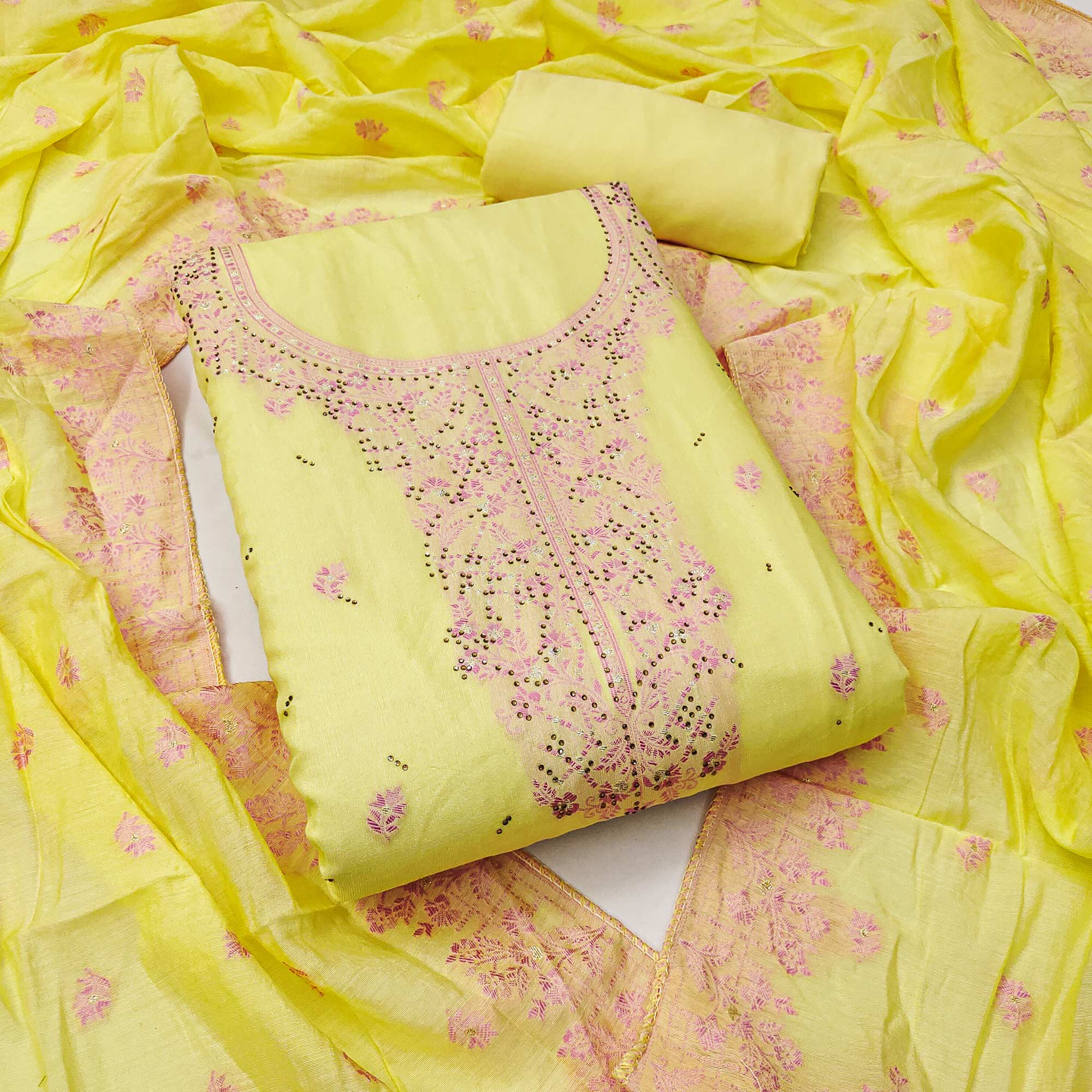Yellow Floral Banarasi Silk Dress Material with Rich Zari Weaving
