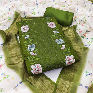 Green Viscose Dress Material with Intricate Floral Embroidery