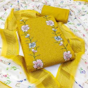 Mustard Viscose Dress Material with Intricate Floral Embroidery