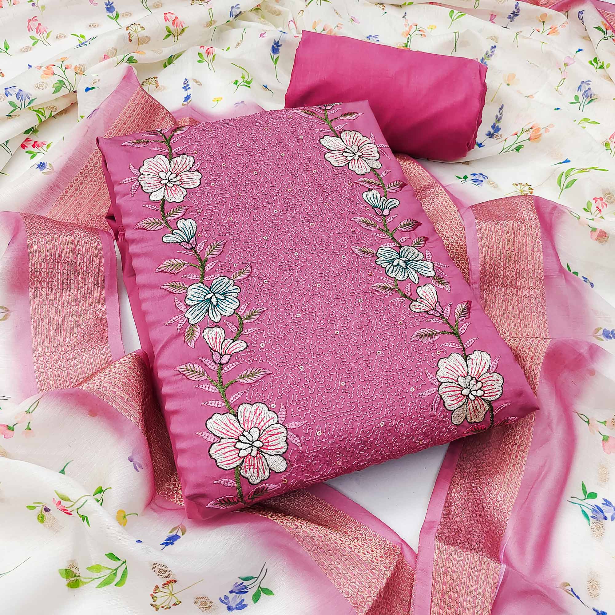 Pink Viscose Dress Material with Intricate Floral Embroidery