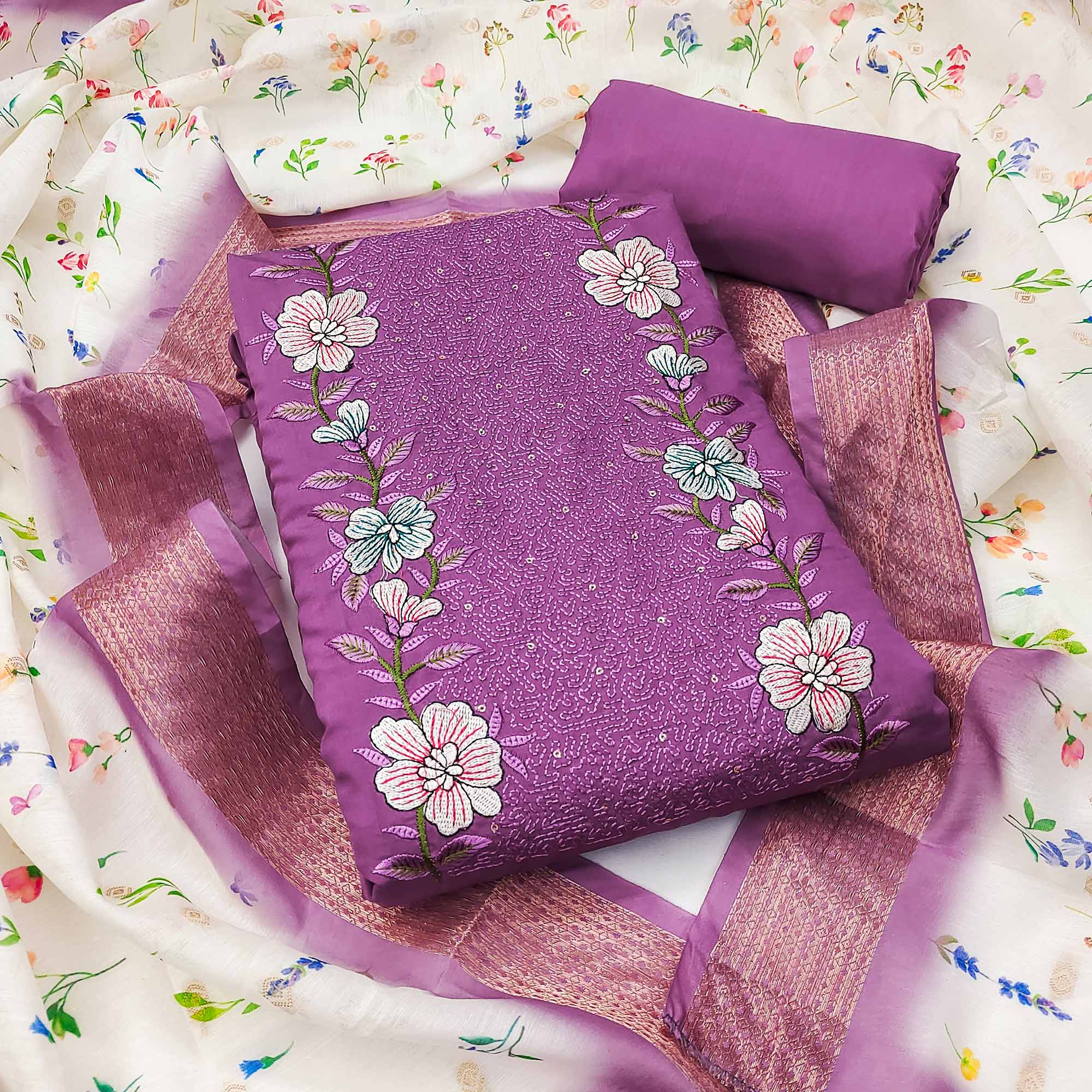 Purple Viscose Dress Material with Intricate Floral Embroidery