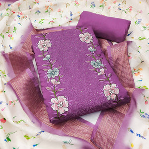 Purple Viscose Dress Material with Intricate Floral Embroidery