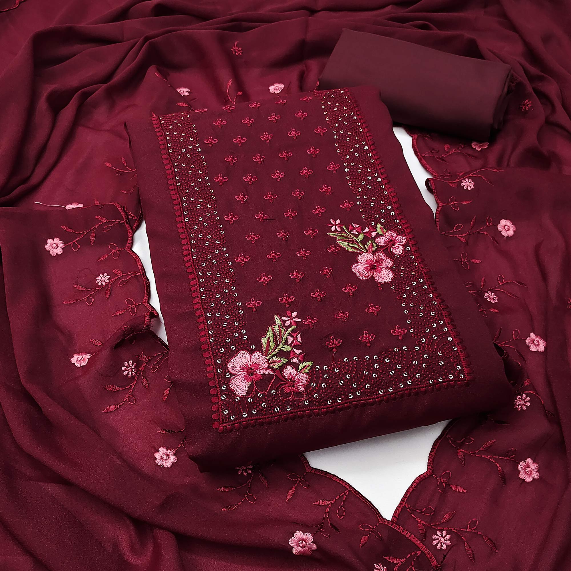 Designer Maroon Georgette Fabric with Intricate Floral Embroidery
